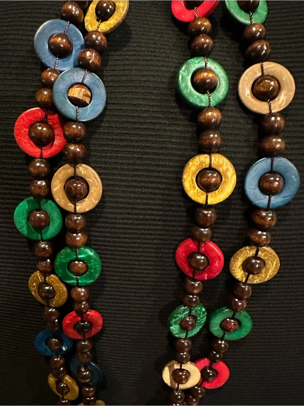Vintage Bohemian Long Multi-Color Wood & Coconut Shell Disc Strand Neckla